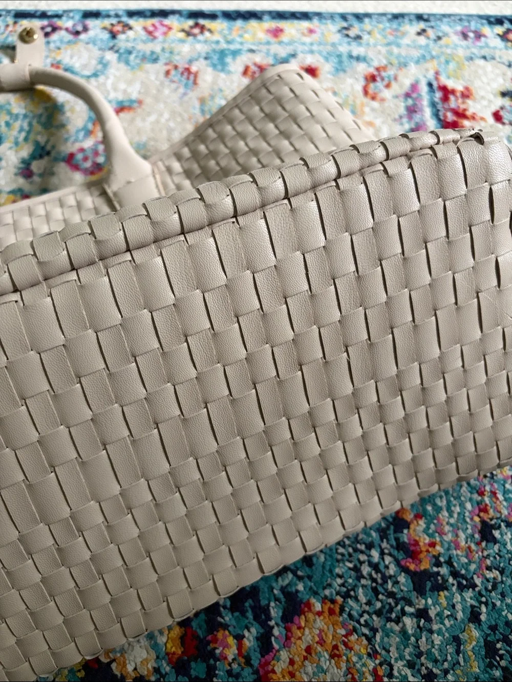 Lulu Dharma Cream Vegan Faux Leather Woven Texture Large Tote Shoulder Bag